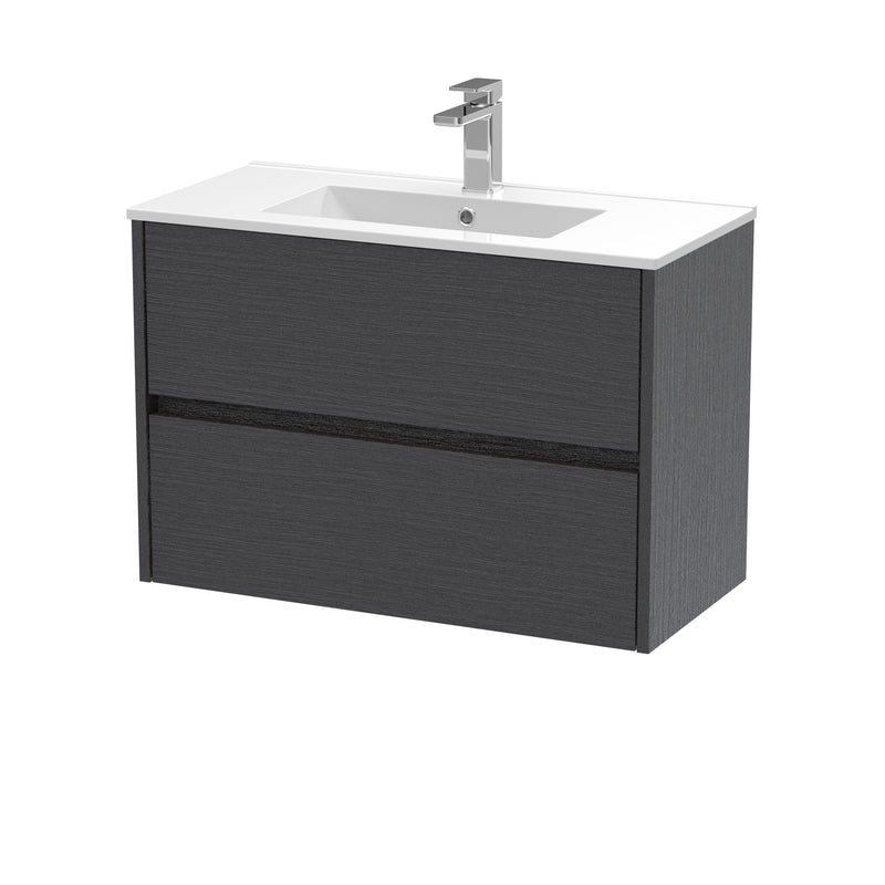 Nuie Havana Wall Hung Vanity Unit with Minimalist Basin - Graphite Grey Woodgrain 800mm