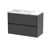 Nuie Havana Wall Hung Counter Top Vanity Unit with Carrara Laminate Worktop - Graphite Grey Woodgrain 800mm 2 Drawer