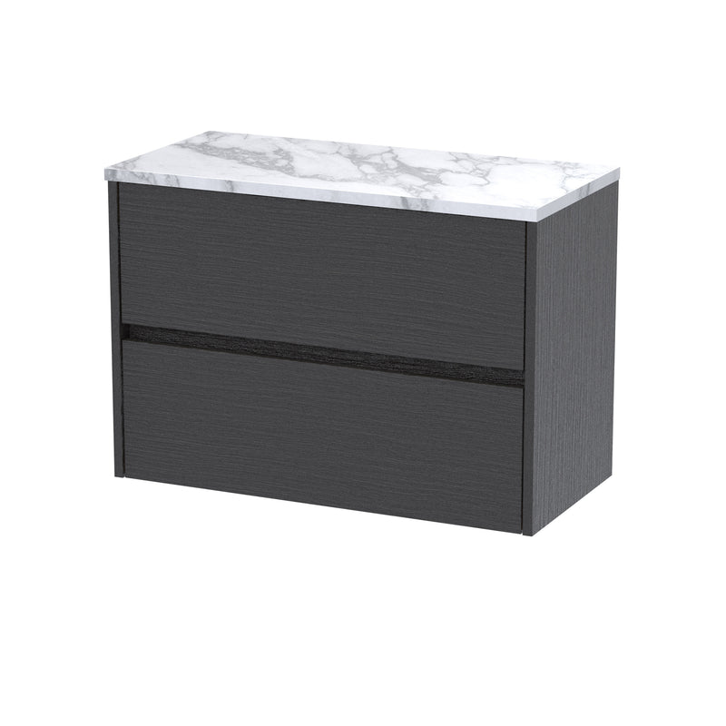 Nuie Havana Wall Hung Counter Top Vanity Unit with Carrara Laminate Worktop - Graphite Grey Woodgrain 800mm 2 Drawer