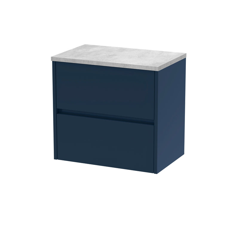 Nuie Havana Wall Hung Counter Top Vanity Unit with Bellato Grey Worktop - Midnight Blue 600mm 2 Drawer