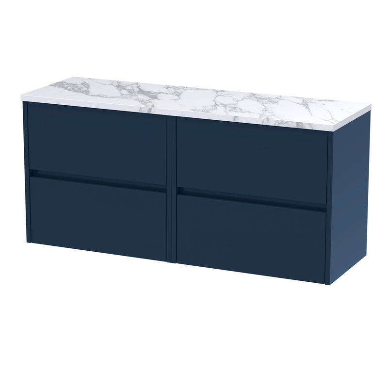 Nuie Havana Wall Hung Counter Top Vanity Unit with Carrara Laminate Worktop - Midnight Blue 1200mm 4 Drawer