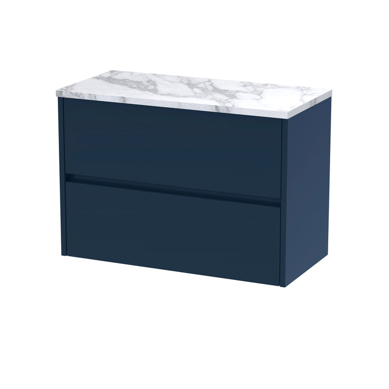 Nuie Havana Wall Hung Counter Top Vanity Unit with Carrara Laminate Worktop - Midnight Blue 800mm 2 Drawer