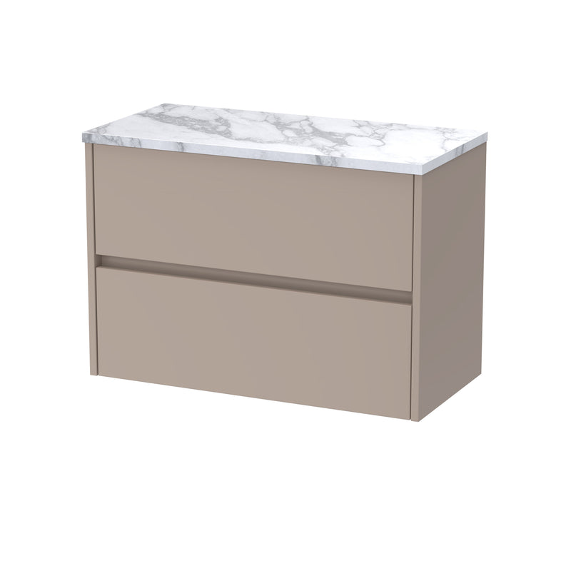 Nuie Havana Wall Hung Counter Top Vanity Unit with Carrara Laminate Worktop - Soft Linen 800mm 2 Drawer