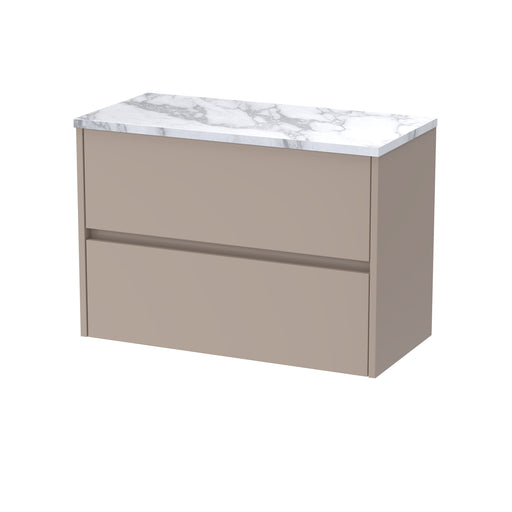 Nuie Havana Wall Hung Counter Top Vanity Unit with Carrara Laminate Worktop - Soft Linen 800mm 2 Drawer