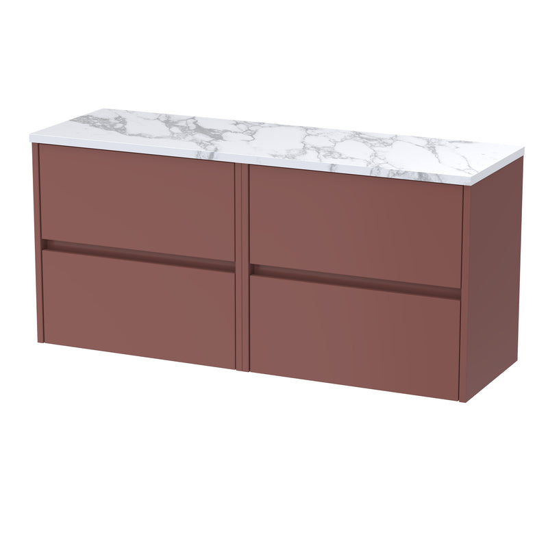 Nuie Havana Wall Hung Counter Top Vanity Unit with Carrara Laminate Worktop - Smoked Red 1200mm 4 Drawer