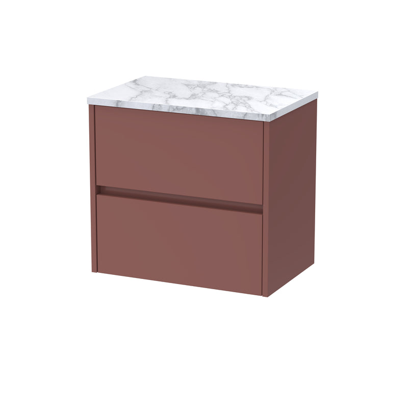 Nuie Havana Wall Hung Counter Top Vanity Unit with Carrara Laminate Worktop - Smoked Red 600mm 2 Drawer