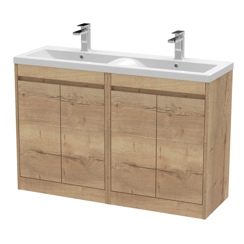 Nuie Havana 1200mm Floor Standing Vanity Unit with 2 Tap Hole Basin - Autumn Oak Polymarble