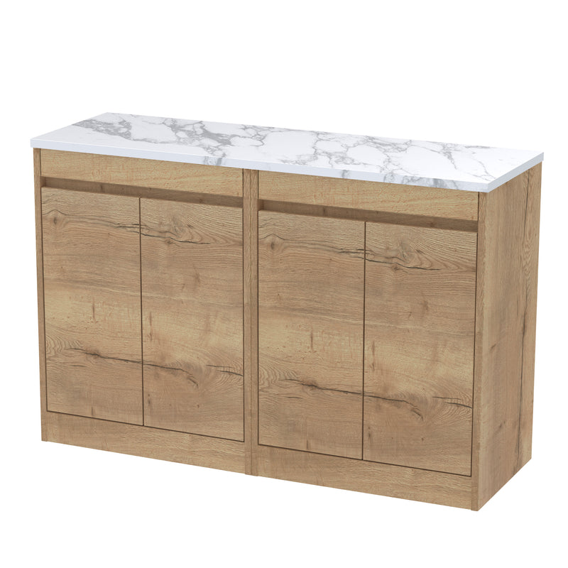 Nuie Havana Floor Standing Counter Top Vanity Unit with Carrara Laminate Worktop - Autumn Oak 1200mm 4 Door