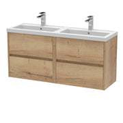 Nuie Havana 1200mm Wall Hung Vanity Unit with 2 Tap Hole Basin - Autumn Oak Polymarble