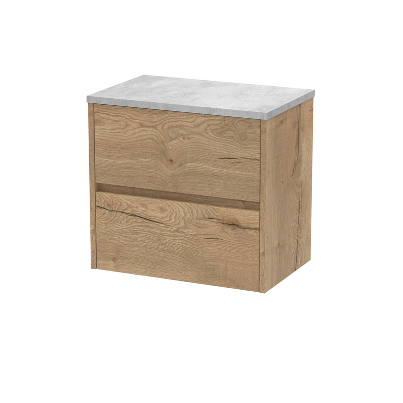 Nuie Havana Wall Hung Counter Top Vanity Unit with Bellato Grey Worktop - Autumn Oak 600mm 2 Drawer