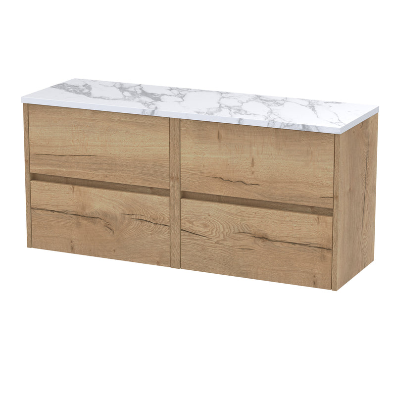 Nuie Havana Wall Hung Counter Top Vanity Unit with Carrara Laminate Worktop - Autumn Oak 1200mm 4 Drawer
