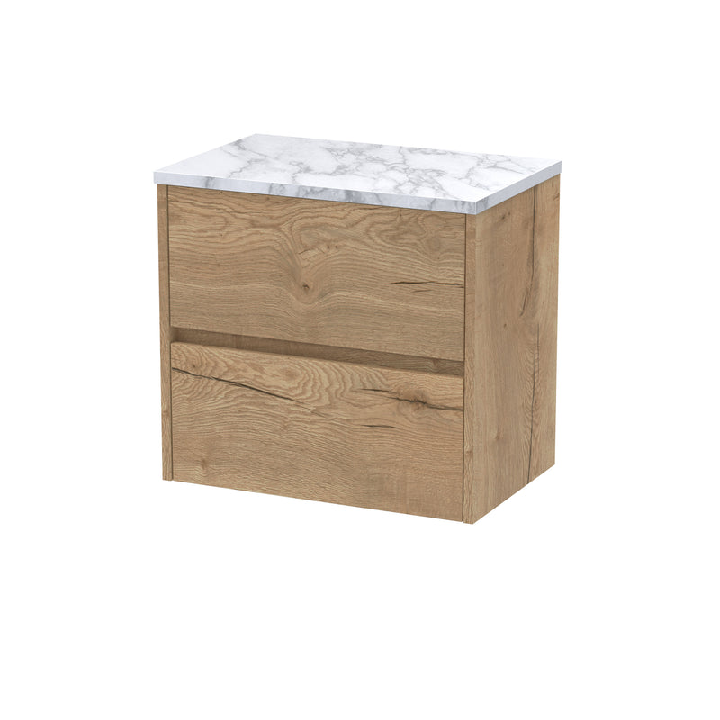 Nuie Havana Wall Hung Counter Top Vanity Unit with Carrara Laminate Worktop - Autumn Oak 600mm 2 Drawer