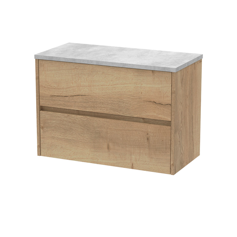 Nuie Havana Wall Hung Counter Top Vanity Unit with Bellato Grey Worktop - Autumn Oak 800mm 2 Drawer
