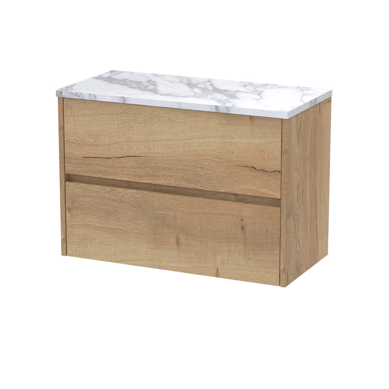 Nuie Havana Wall Hung Counter Top Vanity Unit with Carrara Laminate Worktop - Autumn Oak 800mm 2 Drawer