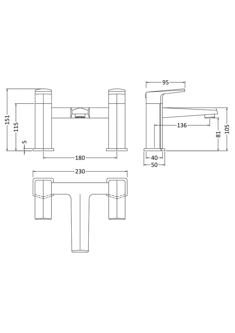 Nuie Hardy Chrome Bath Filler dimensions line drawing