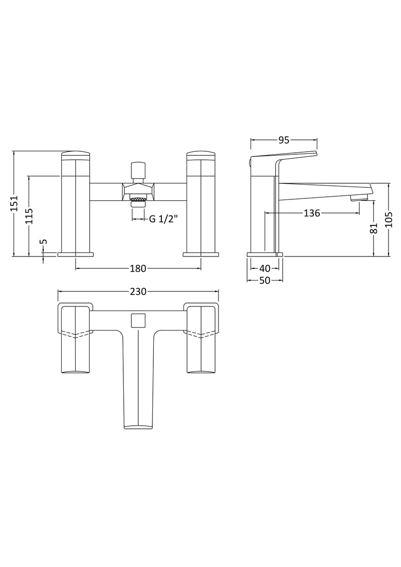 Nuie Hardy Chrome Bath Shower Mixer dimensions line drawing