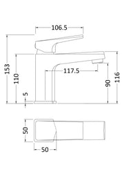 Nuie Hardy Chrome Mono Basin Mixer with Push Button Waste dimensions line drawing