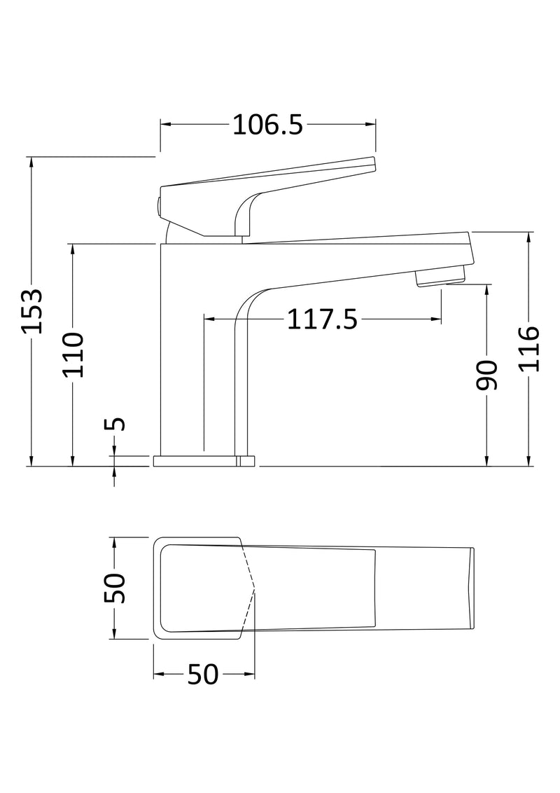 Nuie Hardy Chrome Mono Basin Mixer with Push Button Waste dimensions line drawing