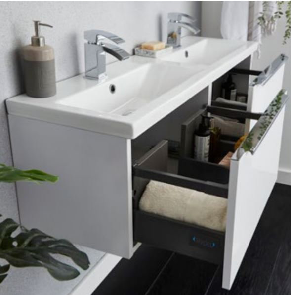 Kartell K-VIT Kore 1200mm Wall Mounted Drawer Unit & Twin Ceramic Basin - Gloss White (KOR600WM-W X2 KOR1200BASIN)