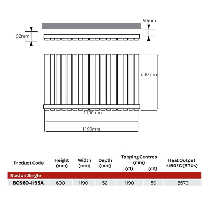 Kartell K-VIT Boston Single Anthracite Horizontal Designer Radiator 600 x 1190mm (BOS60-119SA)