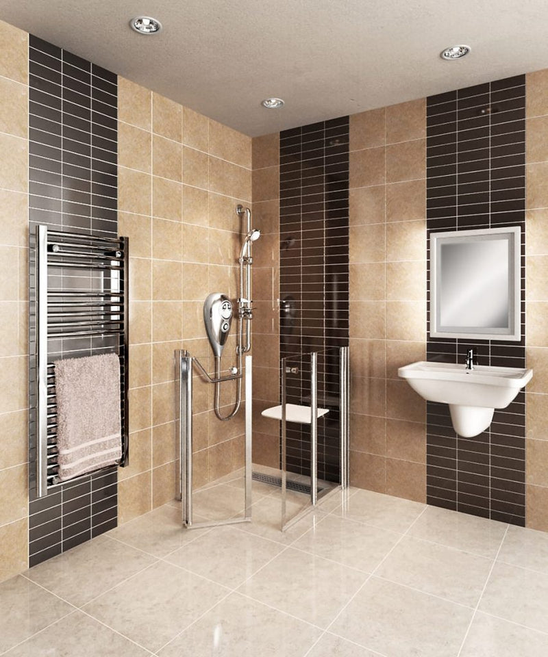 AKW Larenco Care half height bi-fold glass shower door folding open