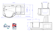 Access Louisiana P-shape walk in bath technical drawing with dimensions