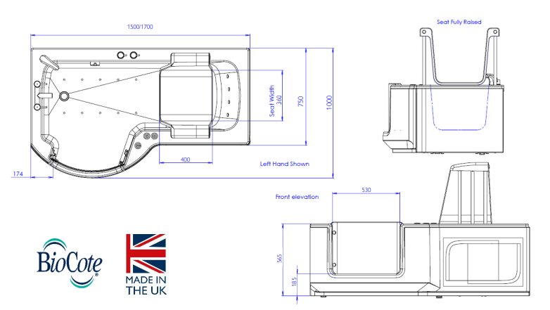 Access Louisiana P-shape walk in bath technical drawing with dimensions