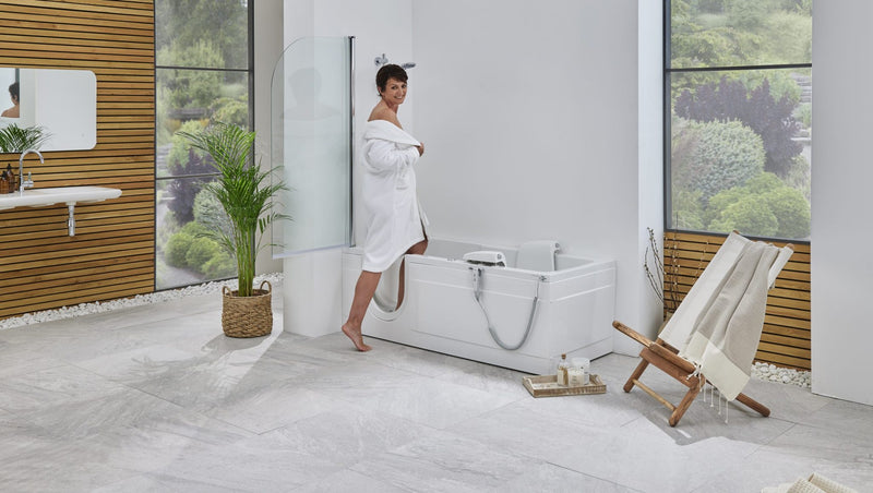 Access Montana walk in bath with wooden bathroom accents
