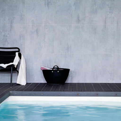 Wall&Water Cement Satin 600x600mm tile-effect wet wall panel in a modern bathroom