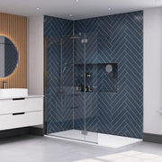 Wall&Water Nordic Blue Satin herringbone wet wall panel in a contemporary bathroom