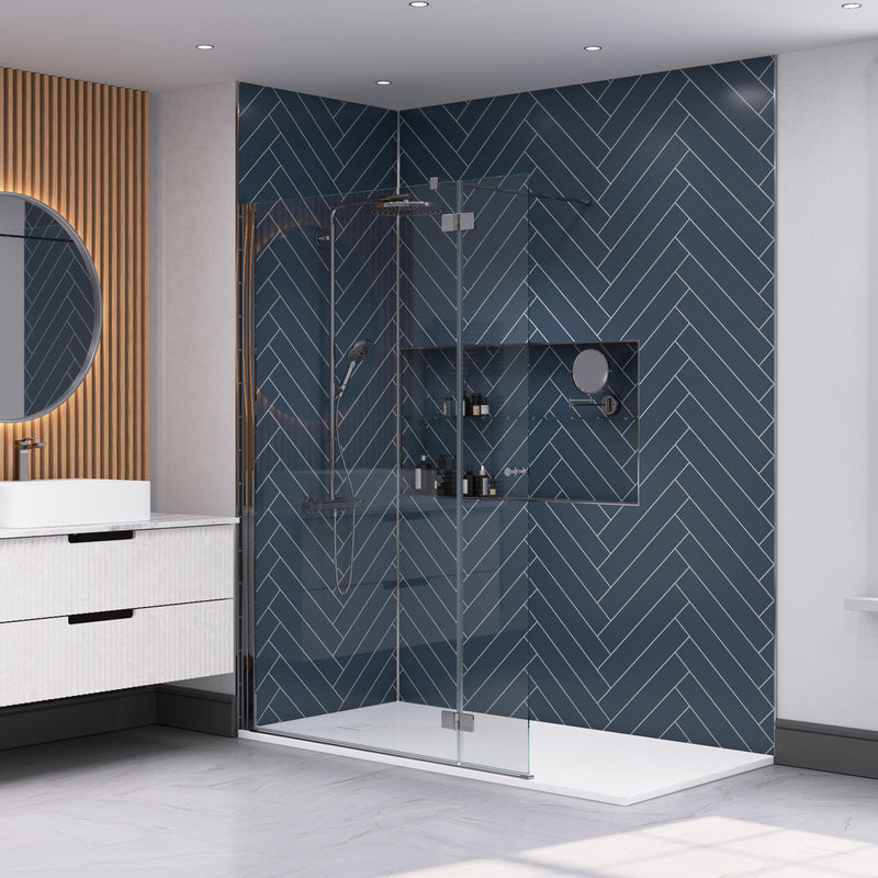 Wall&Water Nordic Blue Satin herringbone wet wall panel in a contemporary bathroom