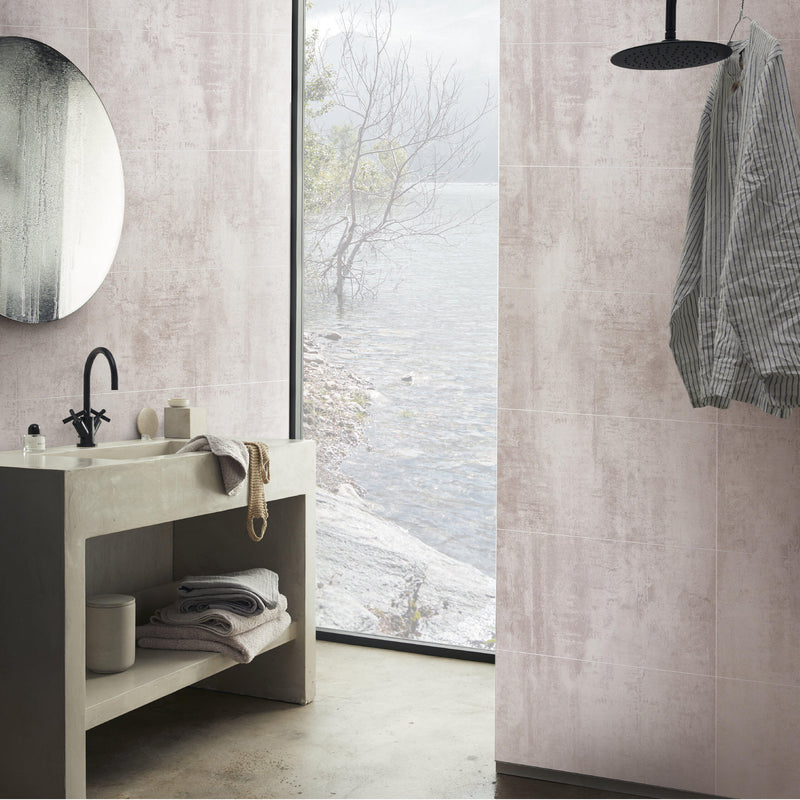 Wall&Water Concrete Satin 600x300mm tile-effect wet wall panel lifestyle view