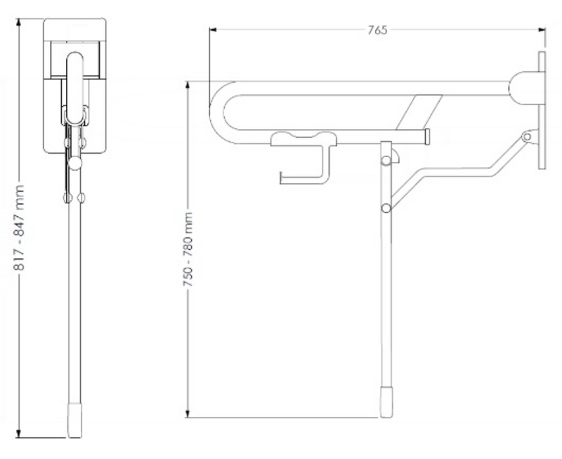 AKW Rugao fold-up rail folded flat against the wall showing integrated toilet roll holder