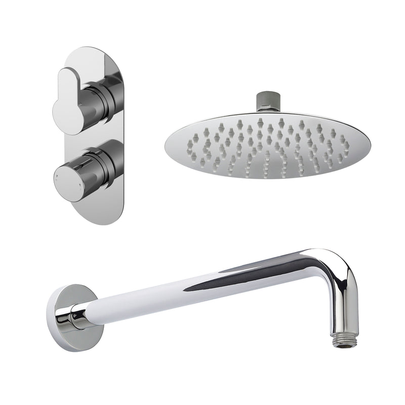 Nuie Arvan Chrome Twin Thermostatic Valve, Wall-Mounted Arm & Fixed Head Shower Set — SBR01TW1