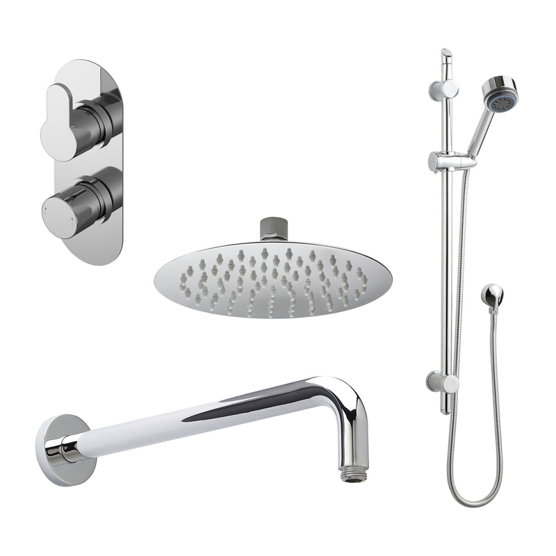 Nuie Arvan Chrome Twin Thermostatic Valve with Diverter, Shower Arm, Fixed Head & Slide Rail Kit Shower Set — SBR06TW2