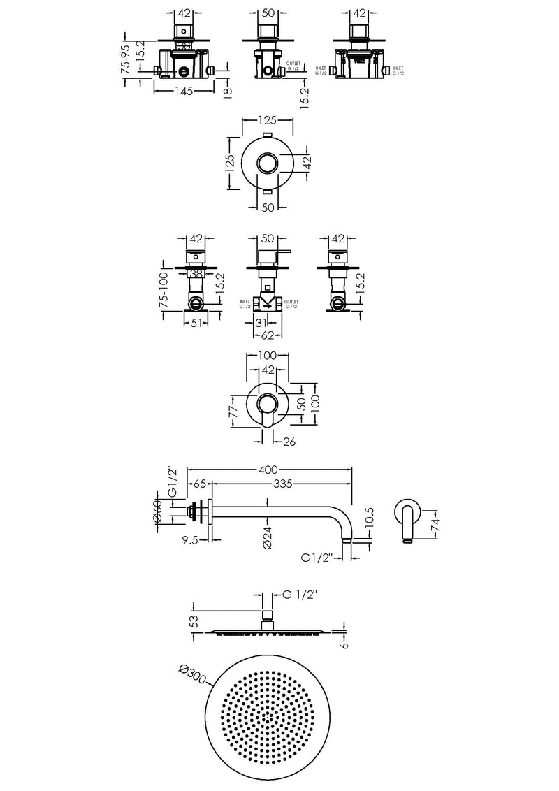 Nuie Arvan Chrome 1 Outlet Concealed Thermostatic Shower Valve Bundle dimensions line drawing