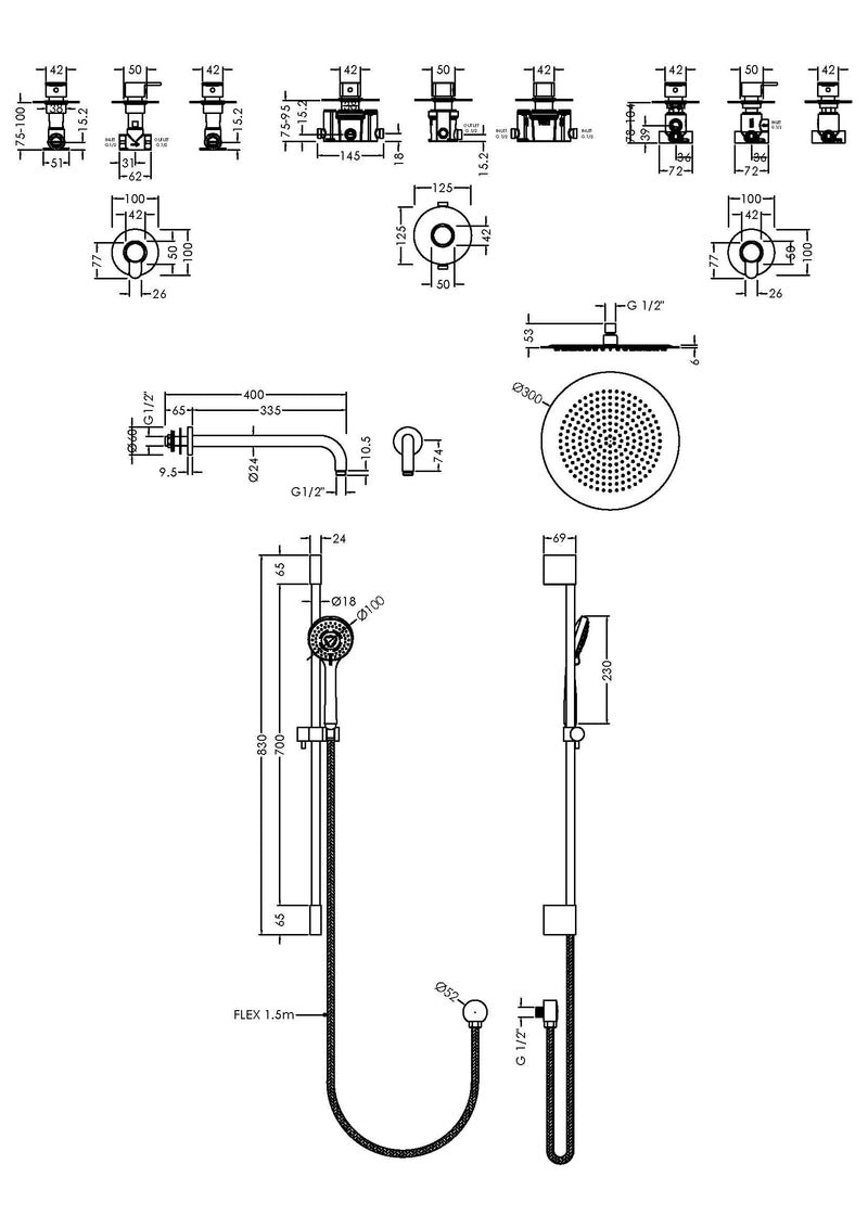 Nuie Arvan Chrome 2 Outlet Concealed Shower Valve with Stop Tap & Diverter dimensions line drawing