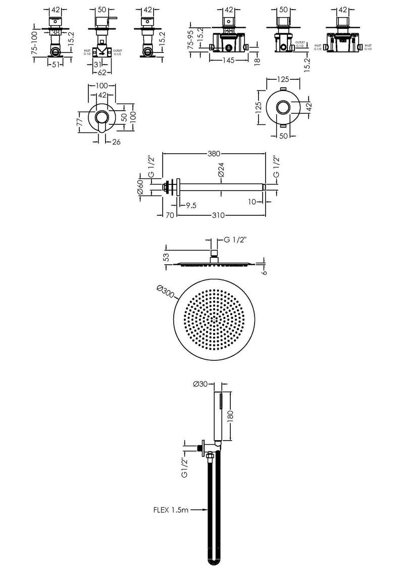 Nuie Arvan Chrome 2 Outlet Concealed Shower Valve with Stop Taps dimensions line drawing