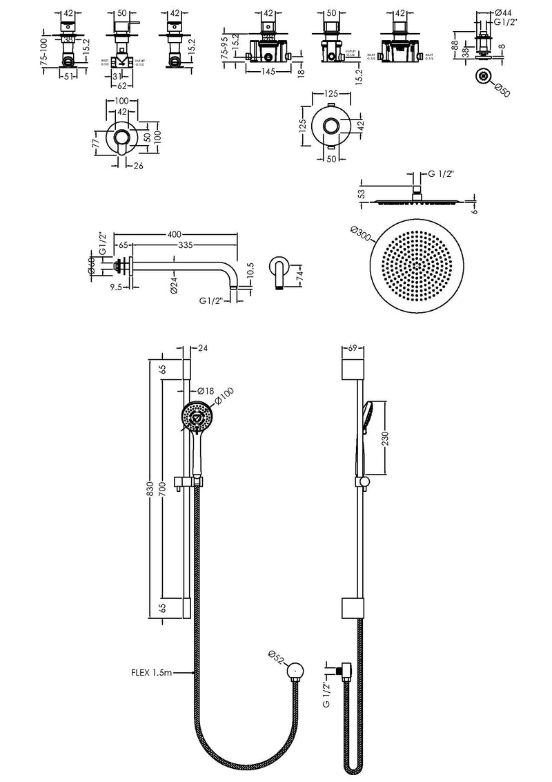 Nuie Arvan Chrome 3 Outlet Concealed Shower Valve with 3 Body Jets dimensions line drawing