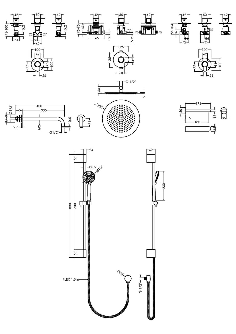 Nuie Arvan Chrome 3 Outlet Concealed Shower Valve Bundle with Stop Tap & Diverter dimensions line drawing