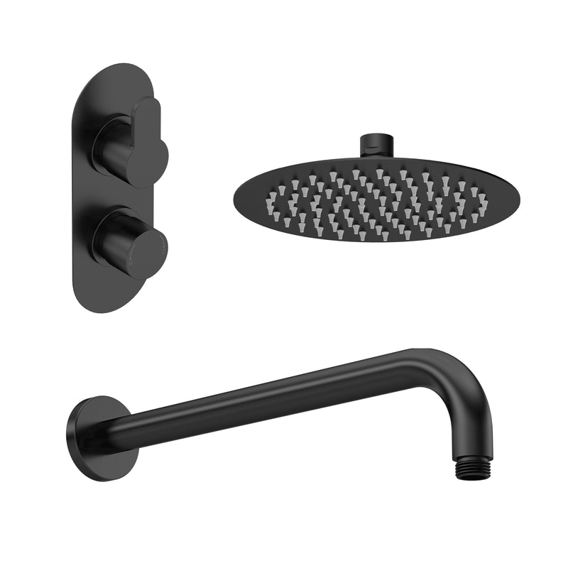 Nuie Arvan Matt Black Twin Thermostatic Valve, Wall-Mounted Arm & Fixed Head Shower Set — SBR41TW1