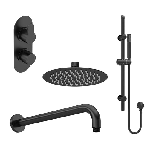 Nuie Arvan Matt Black Twin Thermostatic Valve with Diverter, Shower Arm, Fixed Head & Slide Rail Kit Shower Set — SBR46TW2