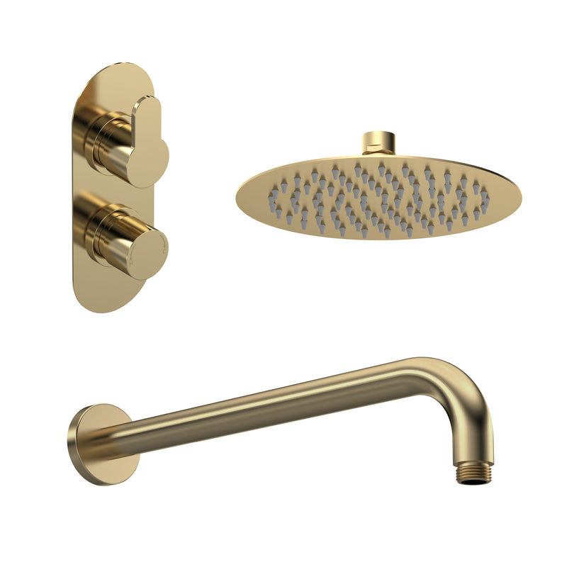 Nuie Arvan Brushed Brass Twin Thermostatic Valve, Wall-Mounted Arm & Fixed Head Shower Set — SBR81TW1
