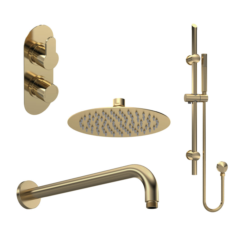 Nuie Arvan Brushed Brass Twin Thermostatic Valve with Diverter, Shower Arm, Fixed Head & Slide Rail Kit Shower Set — SBR86TW2