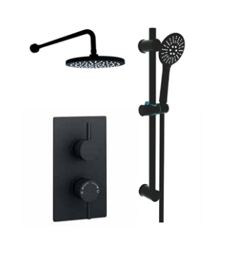 Kartell K-VIT Nero Round Option 4 Concealed Thermostatic Shower Set with Adjustable Slide Rail Kit & Fixed Overhead Drencher – Matt Black (SHO046NR)(SHO057NR)(SHO088NR)(SHO055NR)