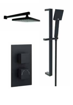 Kartell K-VIT Nero Square Option 4 Concealed Thermostatic Shower Set with Adjustable Slide Rail Kit & Fixed Overhead Drencher – Matt Black (SHO049NS)(SHO058NS)(SHO089NS)(SHO056NS)