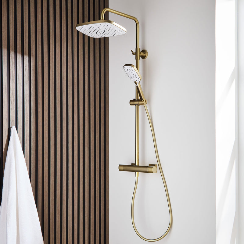 Kartell K-VIT Kolt Option 1 Thermostatic Bar Shower with Overhead Drencher and Sliding Handset – Brushed Brass (SHO320KBB)