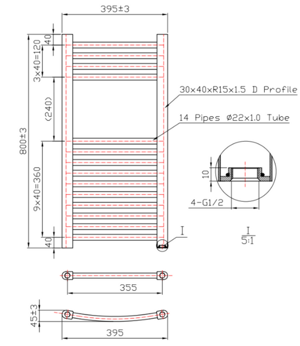 Kartell K-VIT K-Rail 22mm Straight Heated Towel Rail Black (STR408B)(STR508B)(STR608B)