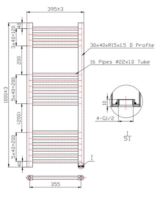 Kartell K-VIT K-Rail 22mm Straight Heated Towel Rail Textured Grey (STR410A)(STR510A)(STR610A)
