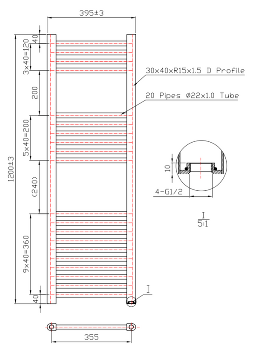 Kartell K-VIT K-Rail 22mm Straight Heated Towel Rail Black (STR412B)(STR512B)(STR612B)